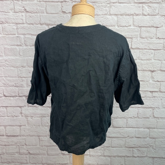 Flax Lagenlook Charcoal Short Sleeve Square Button 100% Linen Top Size L - Picture 2 of 6
